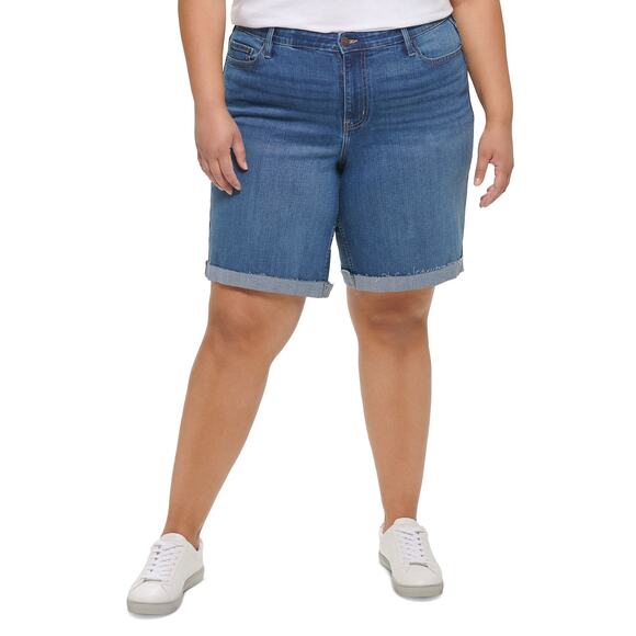 Calvin Klein Jeans Bermuda Cuffed Blue Denim Shorts Raw Hem NWT Plus Size 24W - Picture 1 of 11